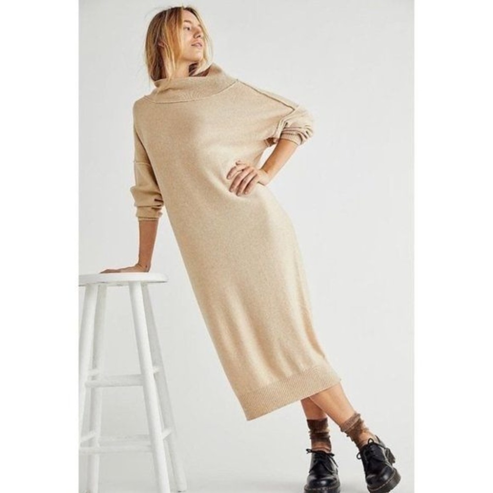 Free‎ People La Boheme Sweater Cashmere Wool Midi Dress Oversized Neutral Size M